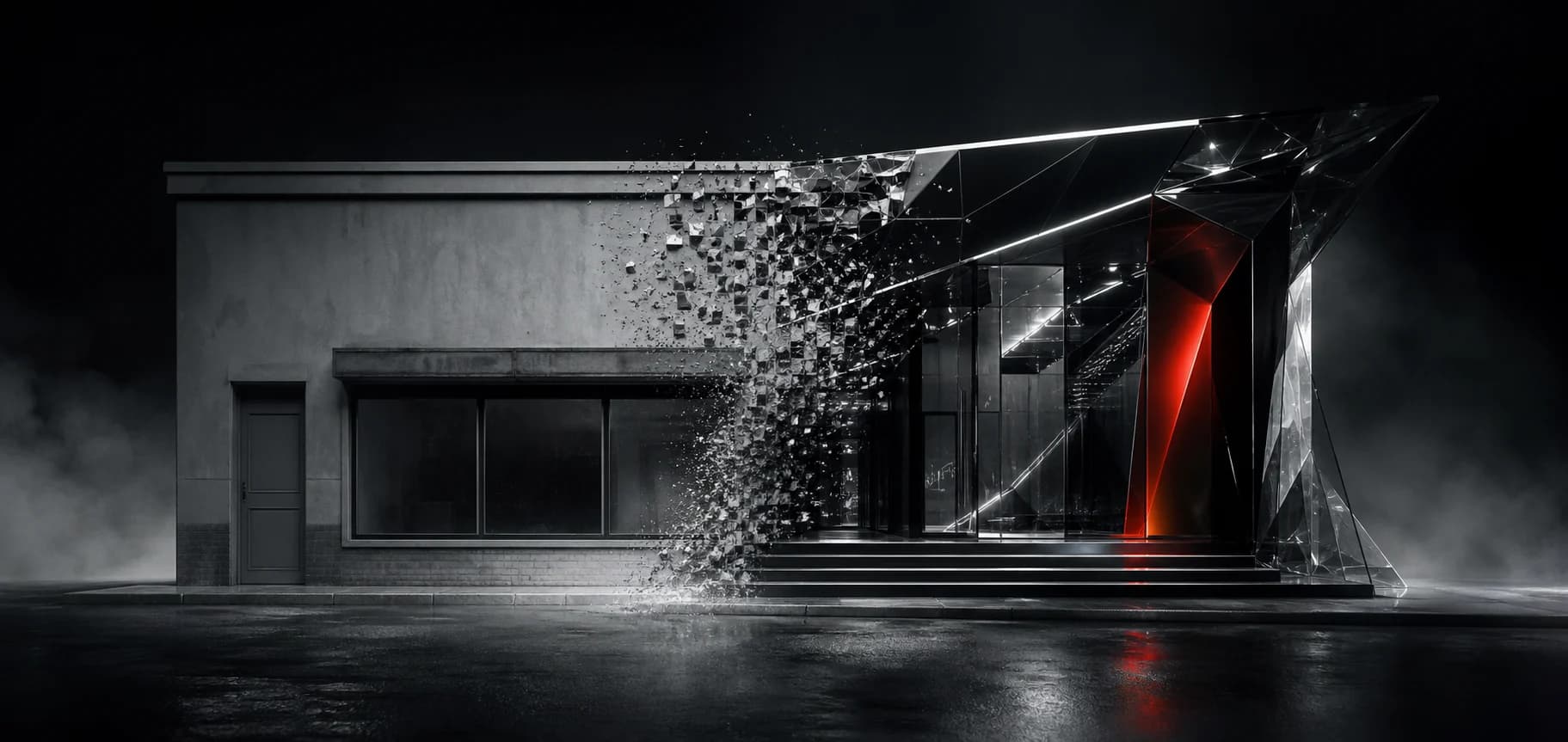 An ordinary storefront transforming into a precisely art-directed architectural experience