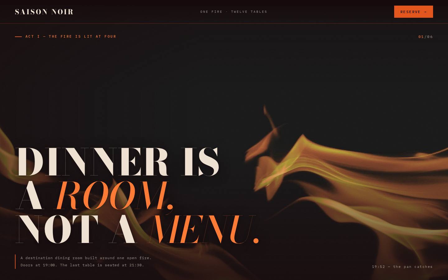 Saison Noir — fire-lit dining room typography over open flame