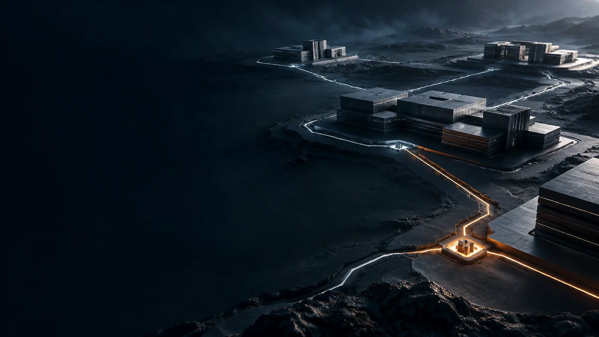 Conceptual infrastructure illustration: one change lighting a path through connected buildings.